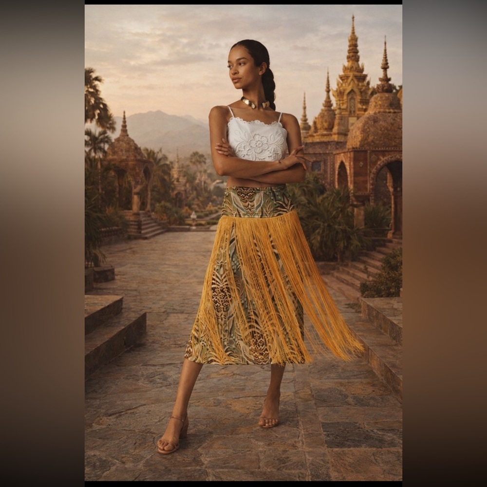 Farm Rio Anthropologie NWT Pineapple Tapestry Fringe Printed Satin Midi Skirt XS